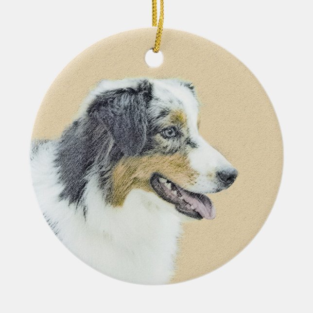 Australian Shepherd Painting - Original Dog Art Ceramic Ornament (Front)