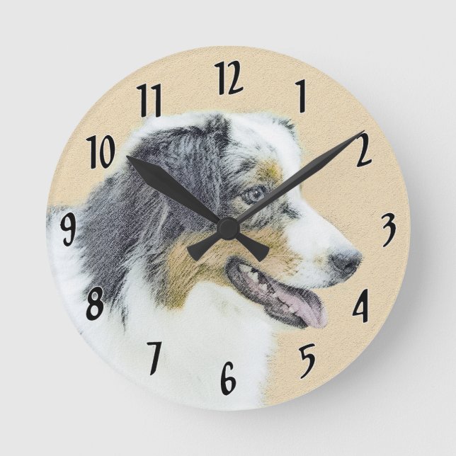 Australian Shepherd Painting - Original Dog Art Round Clock (Front)