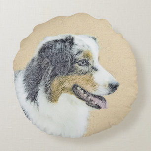 Australian Shepherd Painting - Original Dog Art Round Cushion