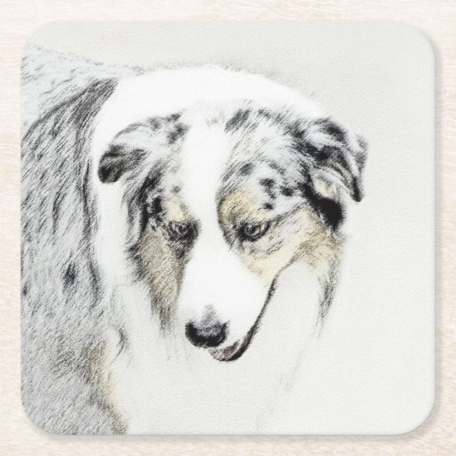Australian Shepherd Painting - Original Dog Art Square Paper Coaster (Front)