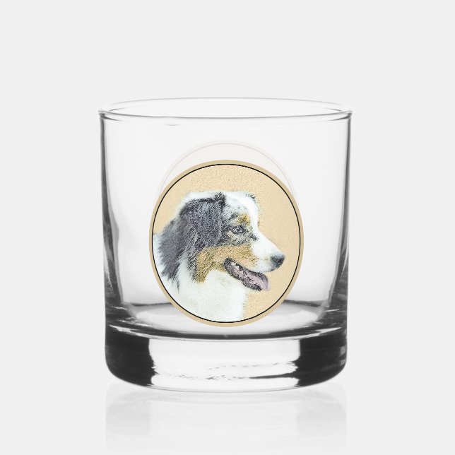 Australian Shepherd Painting - Original Dog Art Whiskey Glass (Front)