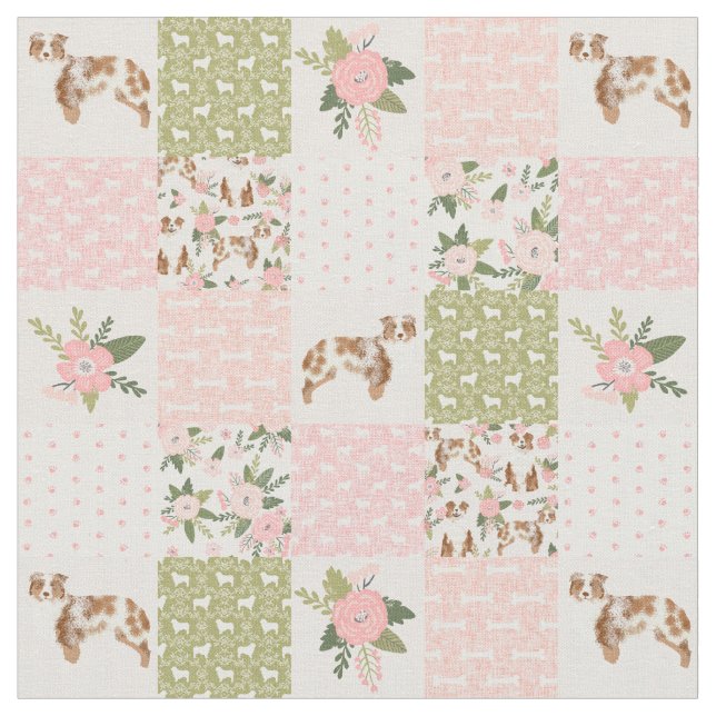 Australian Shepherd patchwork cheater quilt 4" Fabric (Close Up)