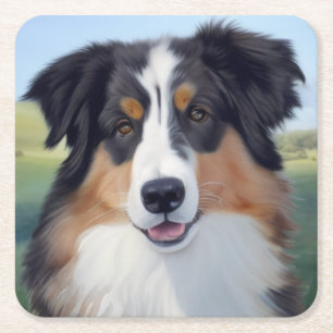 Australian Shepherd Portrait - Square Paper Coaster