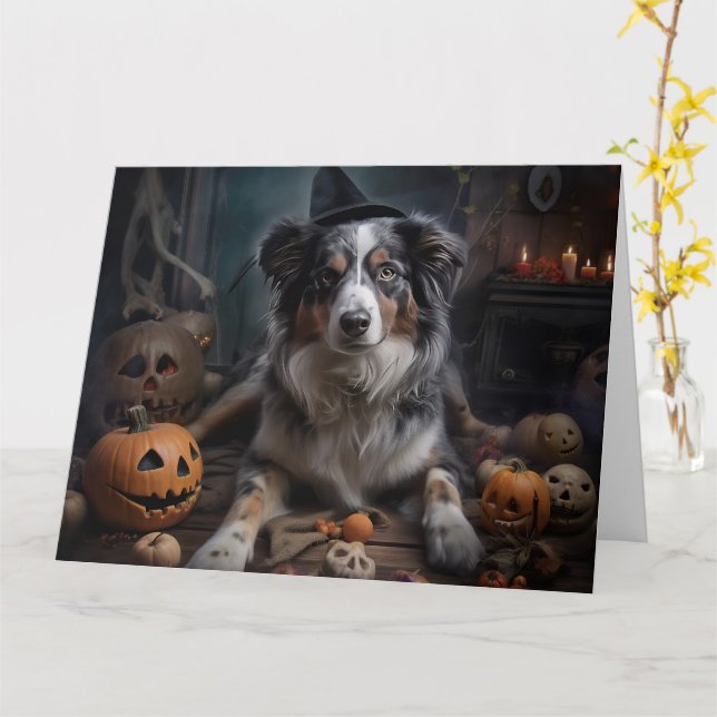 Australian Shepherd Pumpkins Halloween Scary Card (Yellow Flower)