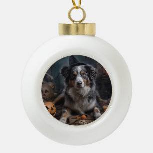 Australian Shepherd Pumpkins Halloween Scary Ceramic Ball Christmas Ornament