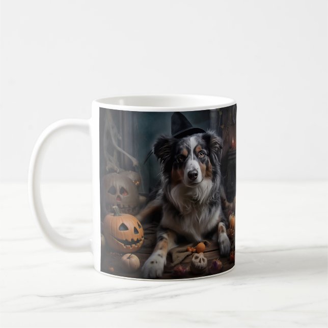 Australian Shepherd Pumpkins Halloween Scary Coffee Mug (Left)