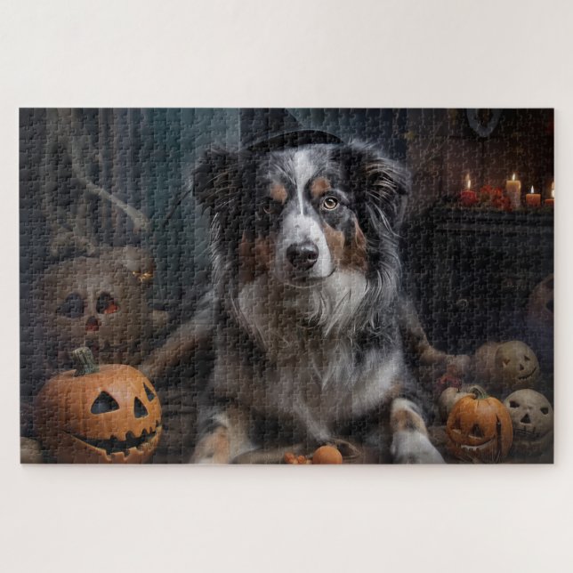 Australian Shepherd Pumpkins Halloween Scary Jigsaw Puzzle (Horizontal)