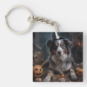 Australian Shepherd Pumpkins Halloween Scary Key Ring