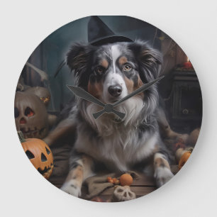 Australian Shepherd Pumpkins Halloween Scary Large Clock