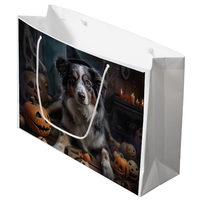 Australian Shepherd Pumpkins Halloween Scary Large Gift Bag (Front Angled)