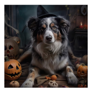 Australian Shepherd Pumpkins Halloween Scary Poster