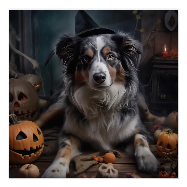 Australian Shepherd Pumpkins Halloween Scary Poster (Front)