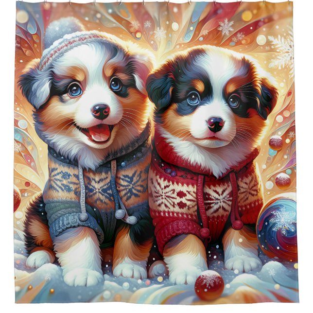 “Australian Shepherd Puppies’ First Snowfall" Shower Curtain (Front)