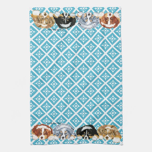 Australian Shepherd Puppies Tea Towel (Vertical)