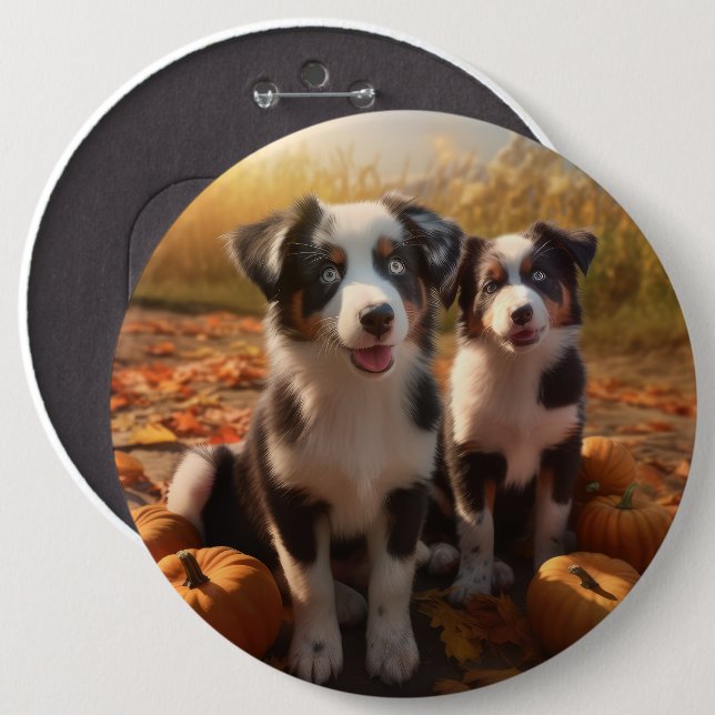 Australian Shepherd Puppy Autumn Delight Pumpkin 6 Cm Round Badge (Front & Back)