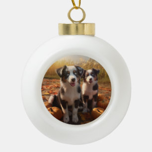 Australian Shepherd Puppy Autumn Delight Pumpkin Ceramic Ball Christmas Ornament
