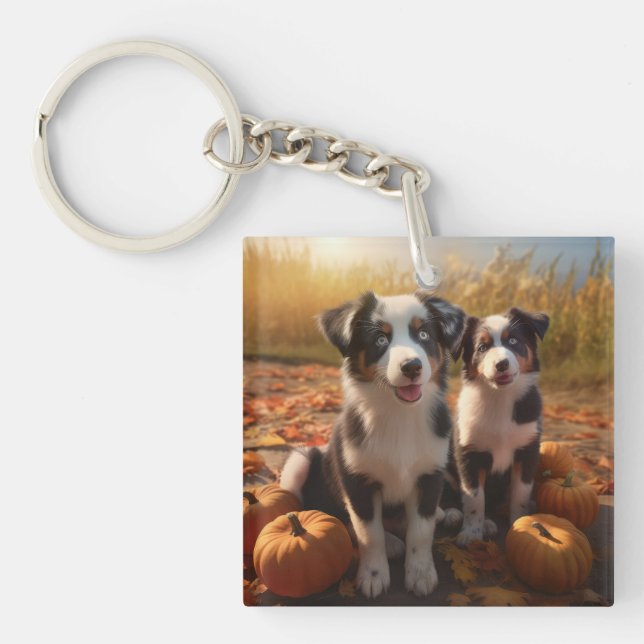 Australian Shepherd Puppy Autumn Delight Pumpkin Key Ring (Front)