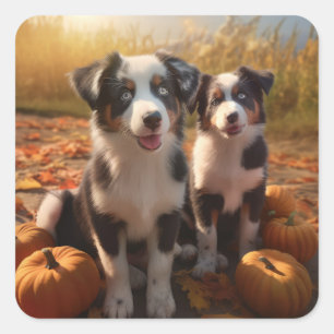 Australian Shepherd Puppy Autumn Delight Pumpkin Square Sticker