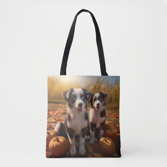 Australian Shepherd Puppy Autumn Delight Pumpkin Tote Bag (Front)