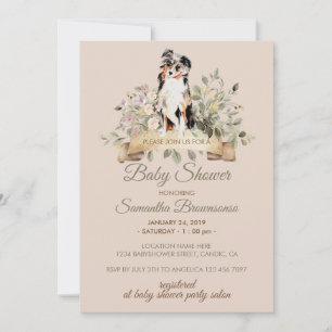 Australian Shepherd Puppy Baby Shower beige Invitation