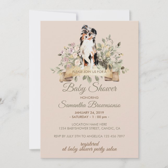 Australian Shepherd Puppy Baby Shower beige Invitation (Front)