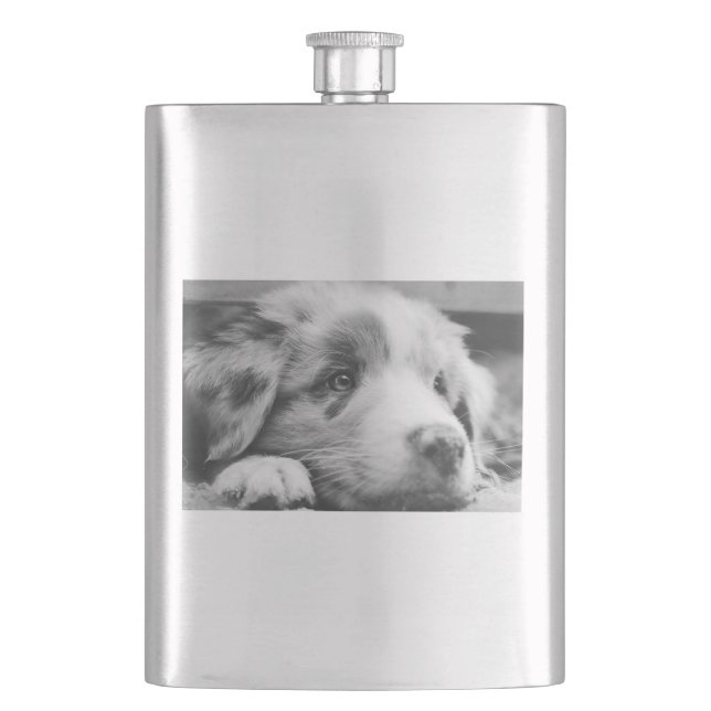 australian shepherd puppy bw hip flask (Front)
