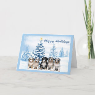 Australian Shepherd Puppy Christmas Card Blue Tree