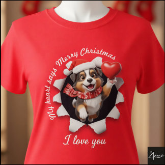 Australian Shepherd Puppy Christmas Heart Scarf T-Shirt