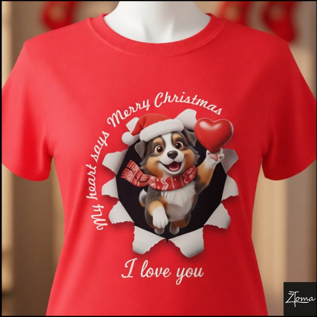Australian Shepherd Puppy Christmas Heart Scarf T-Shirt (Creator Uploaded)