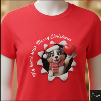 Australian Shepherd Puppy Christmas Heart Scarf T-Shirt