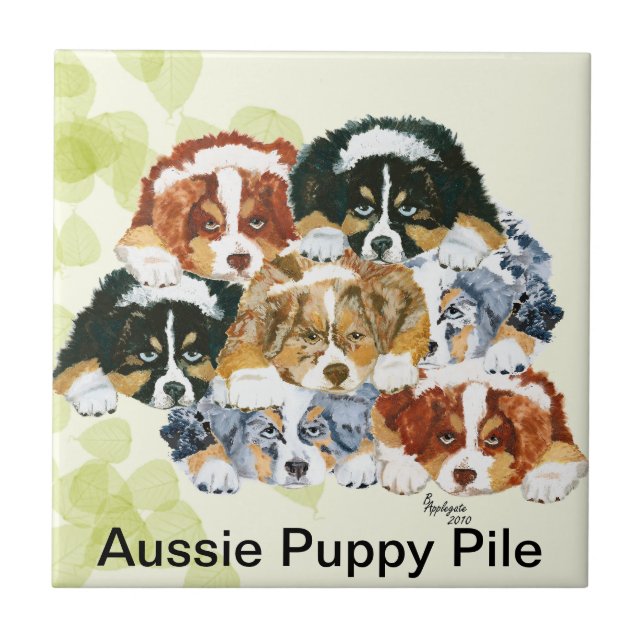 Australian Shepherd - Puppy Pile Ceramic Tile (Front)