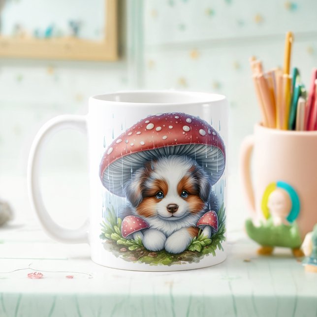 Australian Shepherd Puppy Under Mushroom Umbrella Coffee Mug (Creator Uploaded)
