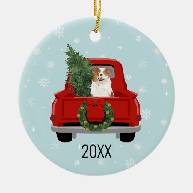 australian shepherd red merle christmas ceramic ornament (Front)
