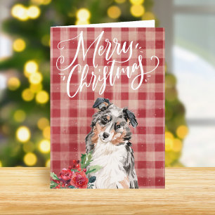 Australian Shepherd Red Plaid Christmas Holiday Card