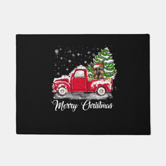 Australian Shepherd Ride Red Truck Christmas Pajam Doormat (Front)