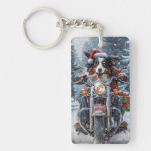 Australian Shepherd Riding Motorcycle Christmas Key Ring