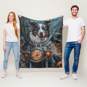 Australian Shepherd Riding Motorcycle Halloween Fleece Blanket