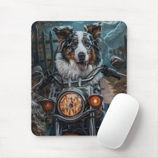 Australian Shepherd Riding Motorcycle Halloween Mouse Pad (With Mouse)