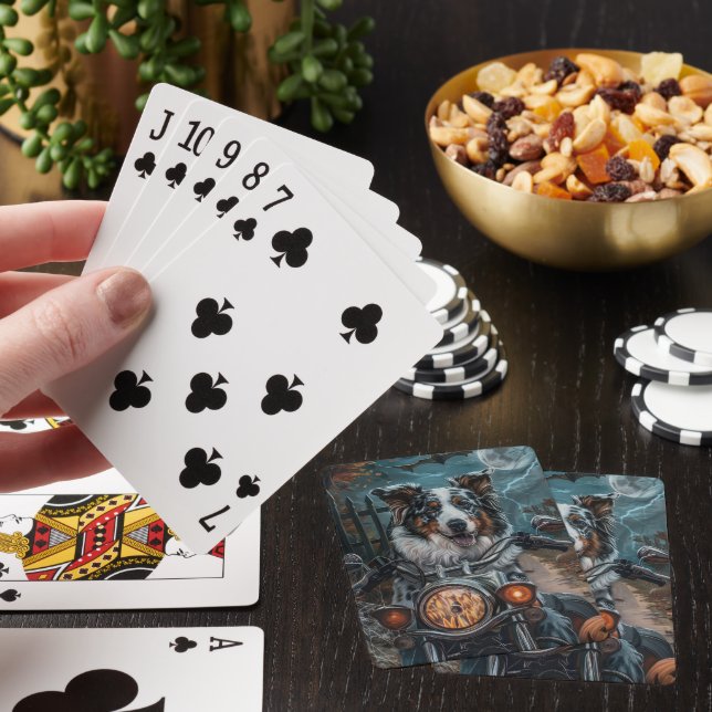 Australian Shepherd Riding Motorcycle Halloween Playing Cards (In Situ)