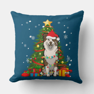 Australian shepherd Santa Christmas Tree Light Cushion