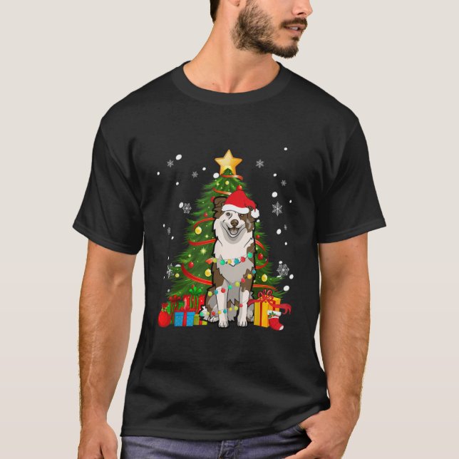 Australian shepherd Santa Christmas Tree Light T-Shirt (Front)