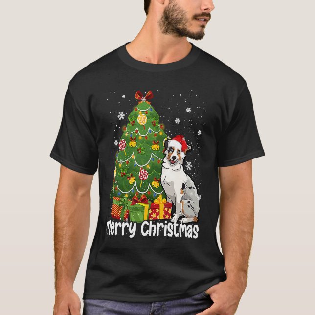Australian Shepherd Santa Christmas Tree Lights Xm T-Shirt (Front)