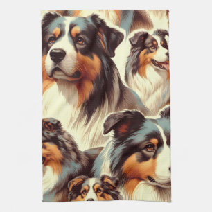 Australian Shepherd Seamless Painting Tea Towel