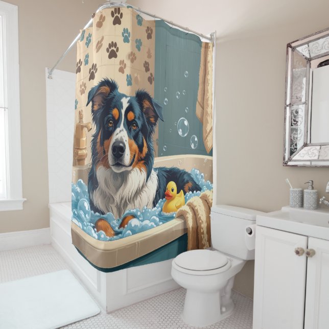 Australian Shepherd Sloppy Sleepy Cute Funny Shower Curtain (In Situ)