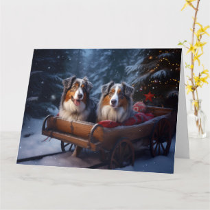 Australian Shepherd Snowy Sleigh Christmas Decor Card