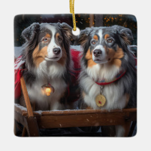 Australian Shepherd Snowy Sleigh Christmas Decor Ceramic Ornament