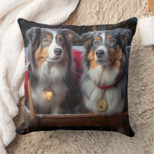 Australian Shepherd Snowy Sleigh Christmas Decor Cushion