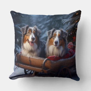 Australian Shepherd Snowy Sleigh Christmas Decor Cushion