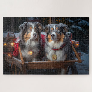Australian Shepherd Snowy Sleigh Christmas Decor Jigsaw Puzzle