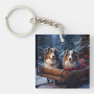 Australian Shepherd Snowy Sleigh Christmas Decor Key Ring